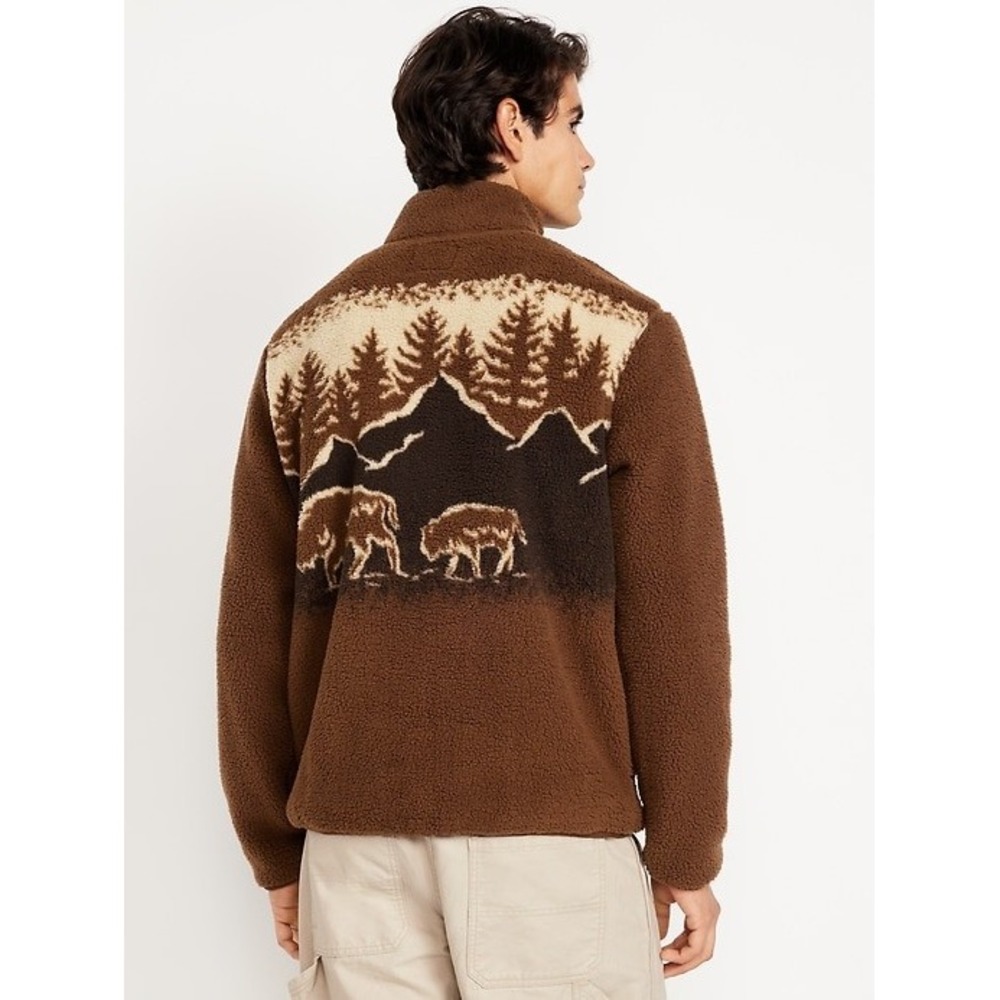Old Navy Buffalo Printed Sherpa Quarter Zip Pullover Jacket Brown Size Large - Picture 2 of 12